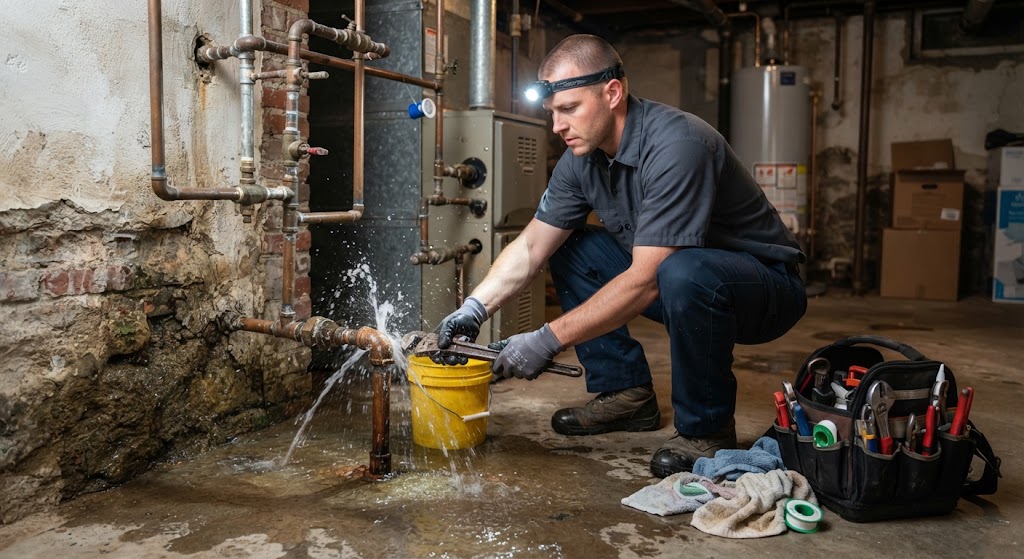Active indoor water pipe rupture during plumbing emergency