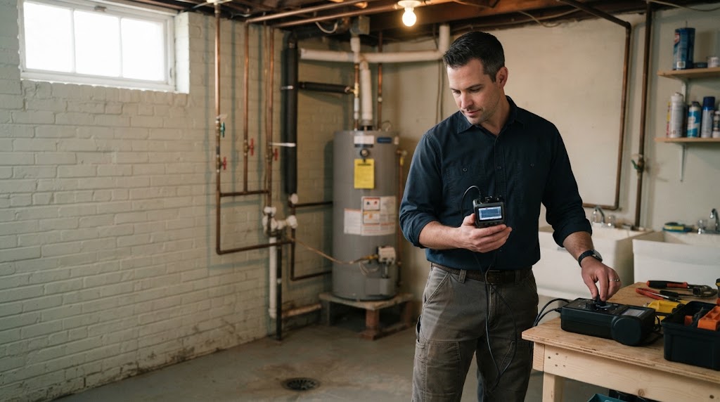Specialist conducting basement leak detection Marlboro NJ with moisture testing gear